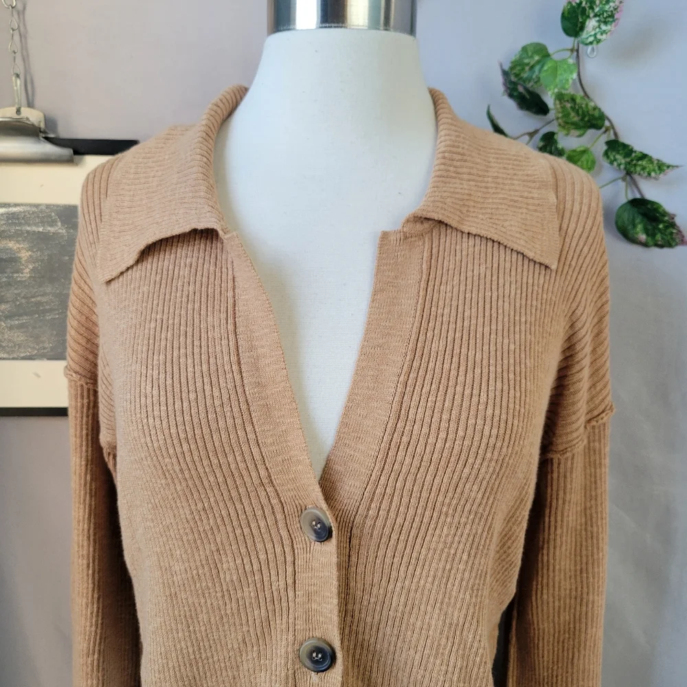 Free People Ella Button-Up‎ Ribbed Cardigan Sweater Iced Coffee Tan S